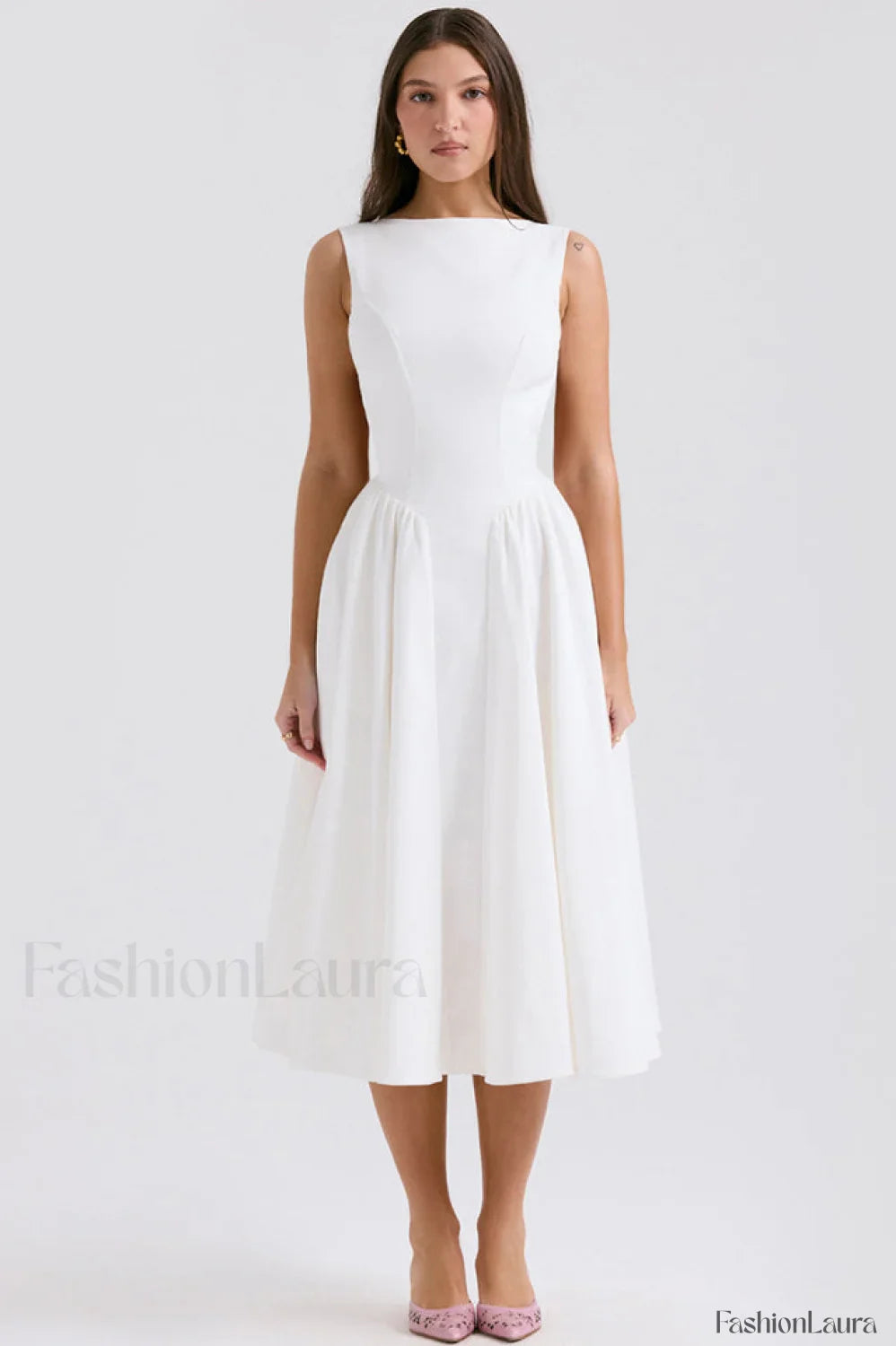 Cindy White Stylish Twill Midi Sundress