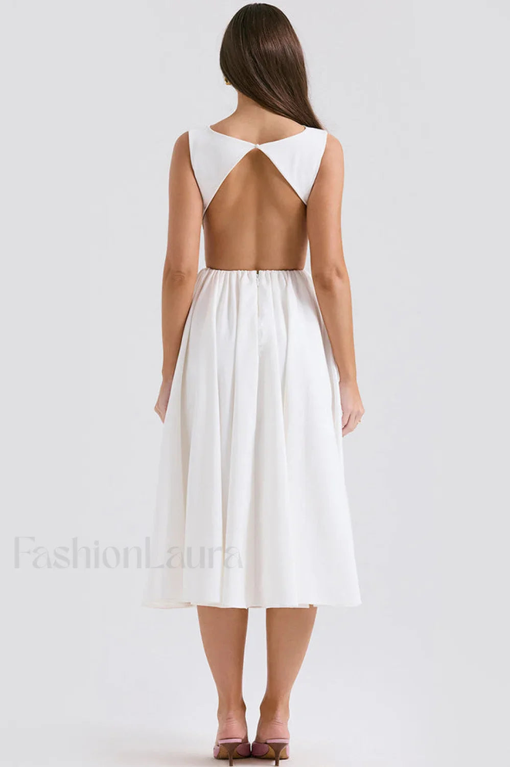 Cindy White Stylish Twill Midi Sundress