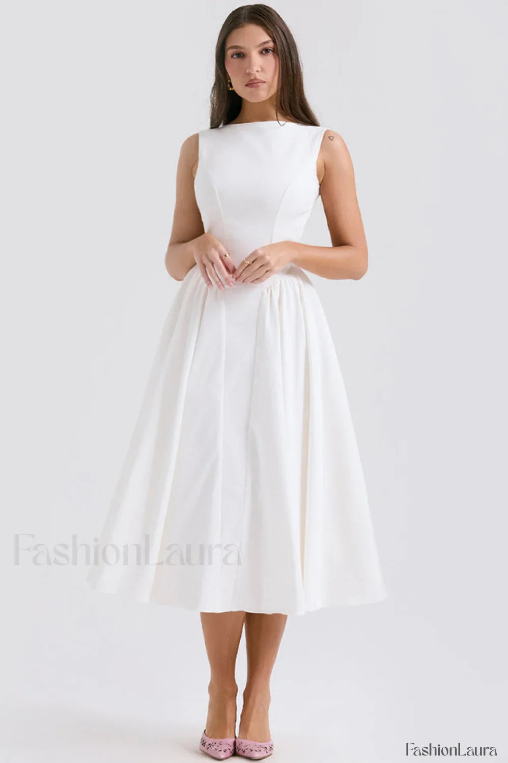 Cindy White Stylish Twill Midi Sundress XS / White