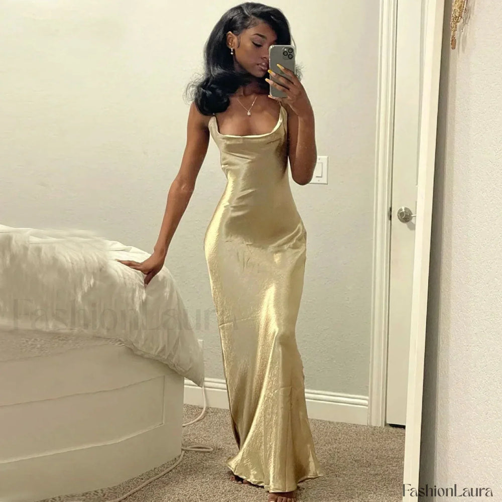 Classy Cowl Neck Tie String Silky Slip Maxi Dress Champagne Party Dresses L