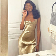 Classy Cowl Neck Tie String Silky Slip Maxi Dress Champagne S / Champane Party Dresses L