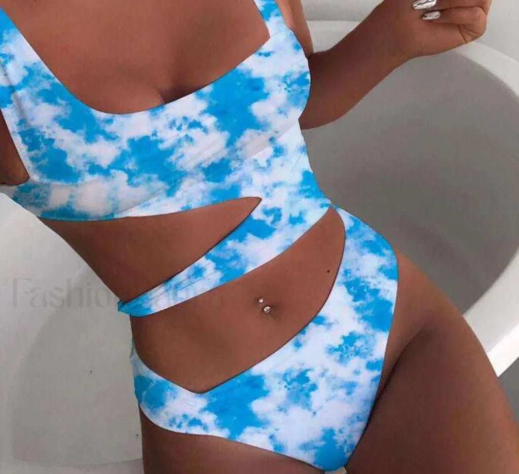 Cloud Print Bandage Push Up One Piece blue / S