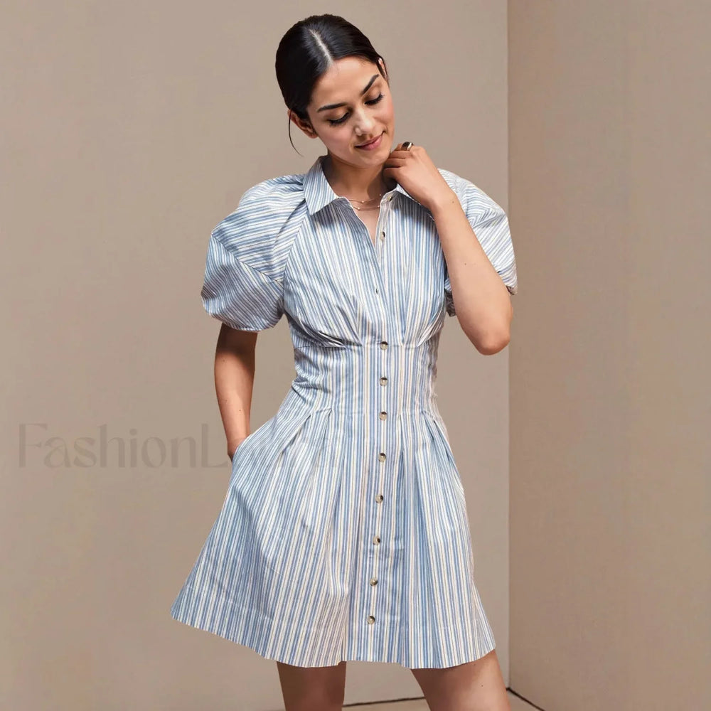 Collared Striped Shirt Button Front Work Skirt