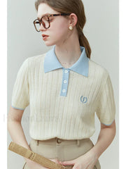 College Style Color Matching T Shirt Beige and Blue / S