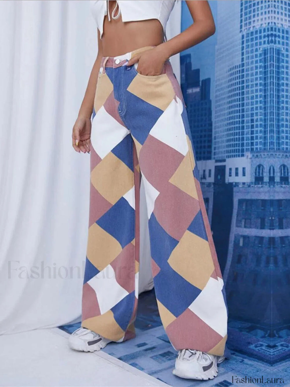 Color Block Argyle Print Wide Leg Jeans Jeans