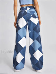 Color Block Argyle Print Wide Leg Jeans Jeans