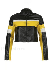 Color Block Cropped Pu Moto Jacket Jackets