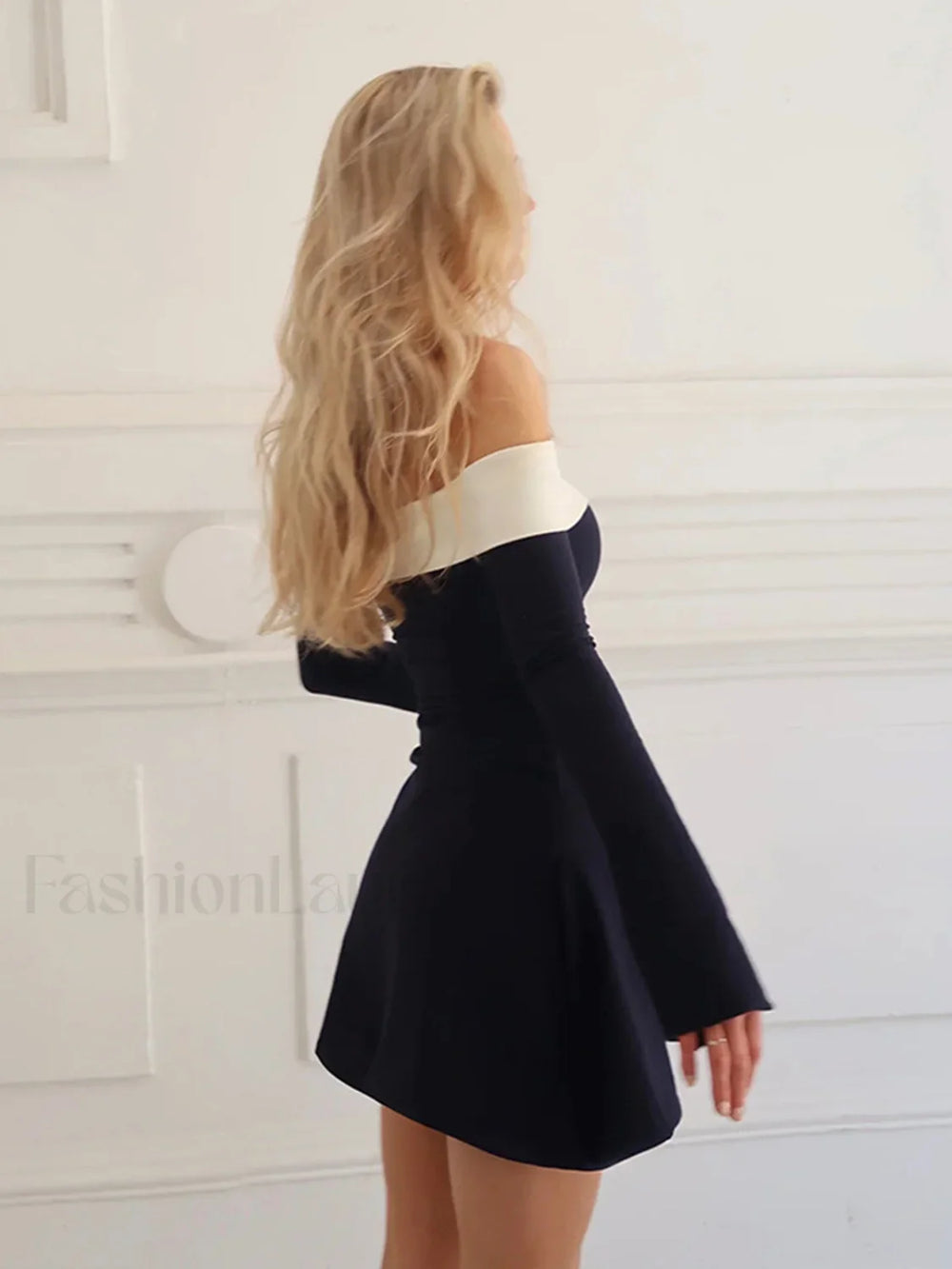 Color Block Off Shoulder Long Sleeve Short Dress Dresses
