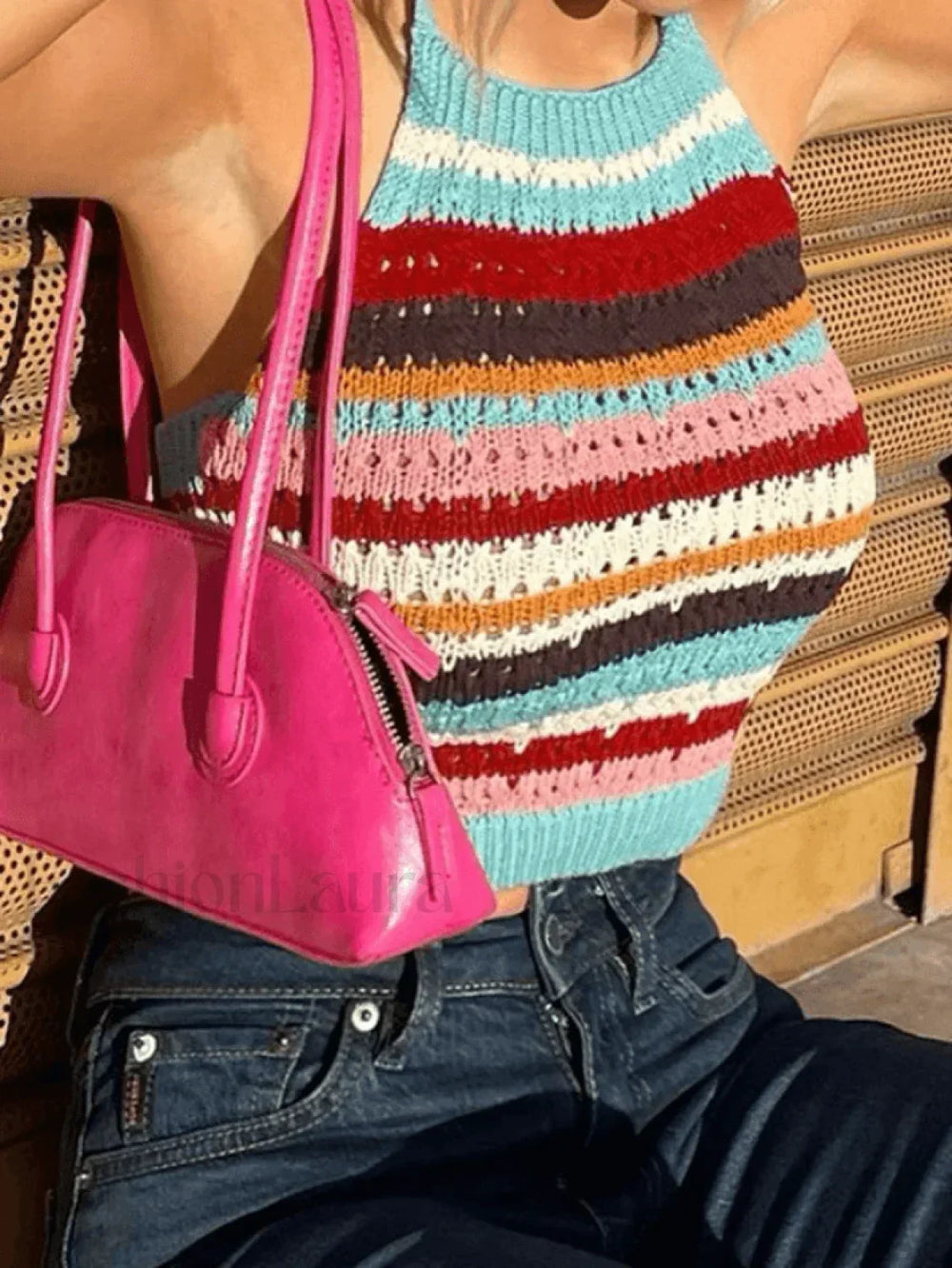 Color Block Stripe Knitted Halter Crop Cami Top Tops&Tees