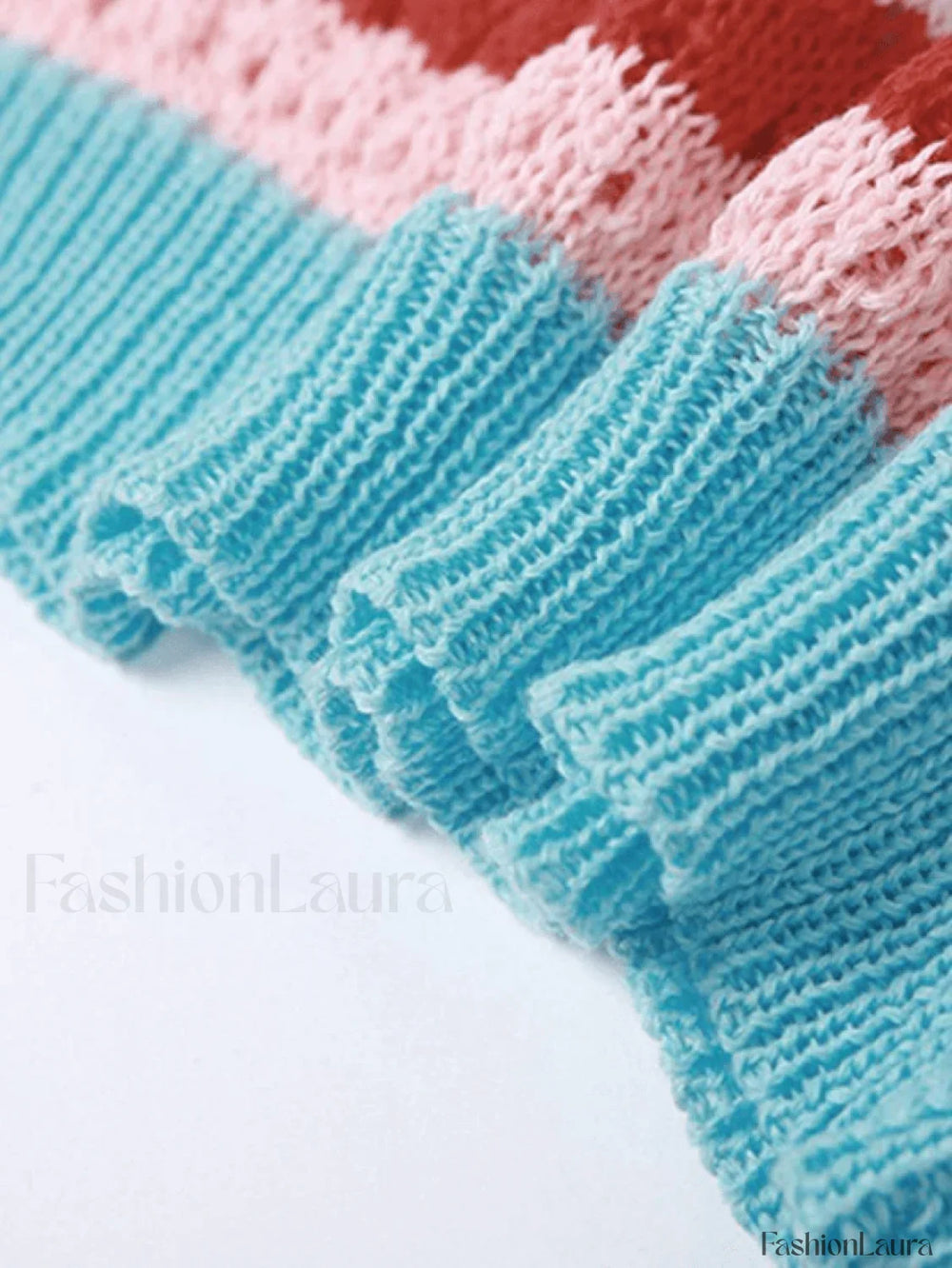 Color Block Stripe Knitted Halter Crop Cami Top Tops&Tees