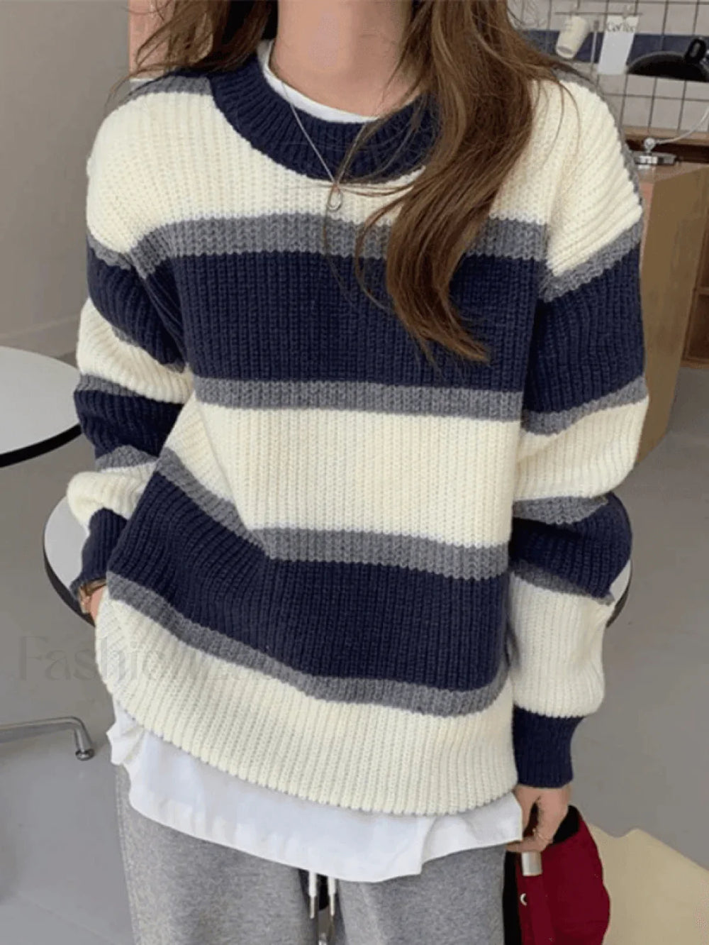 Color Block Striped Knit Sweater Blue / ONE SIZE Sweaters