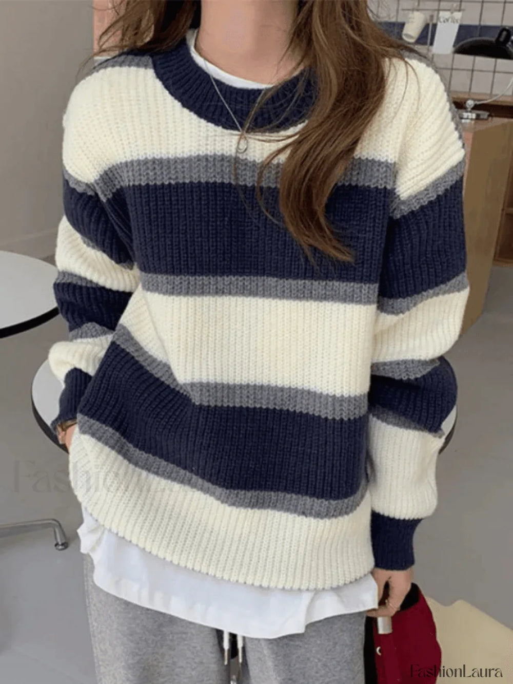 Color Block Striped Knit Sweater Blue / ONE SIZE Sweaters