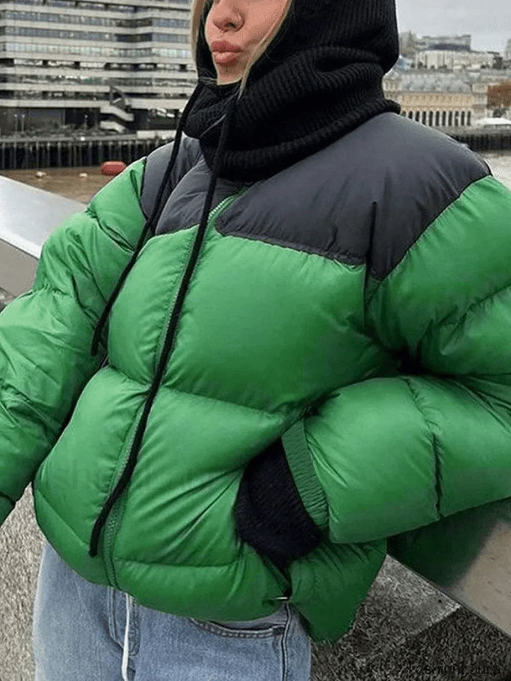 Color Block Zip Up Puffer Jacket Green / S Jackets