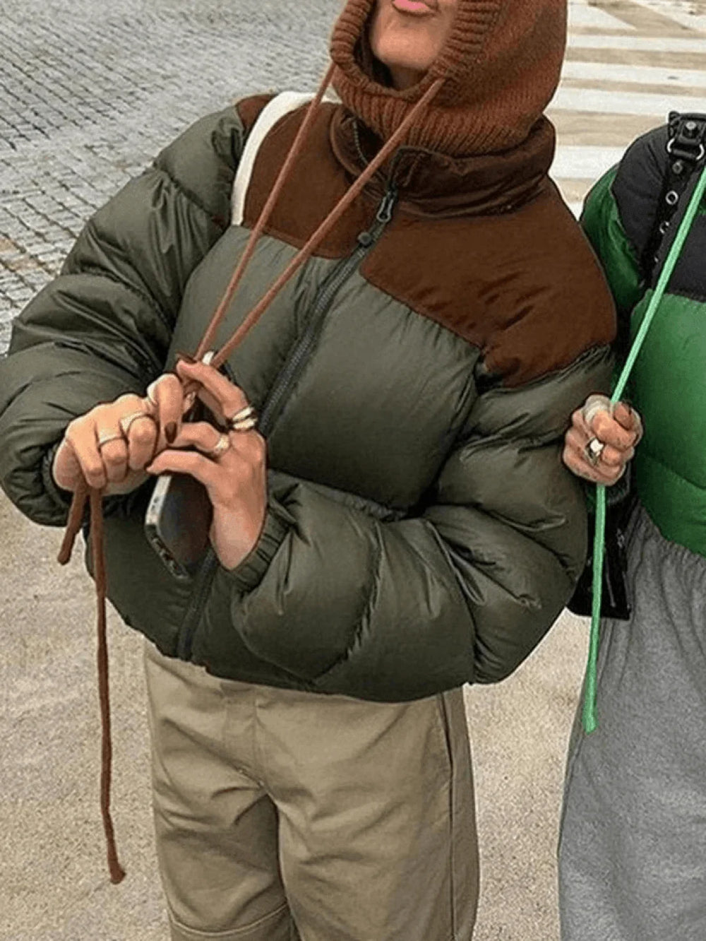 Color Block Zip Up Puffer Jacket Brown / S Jackets