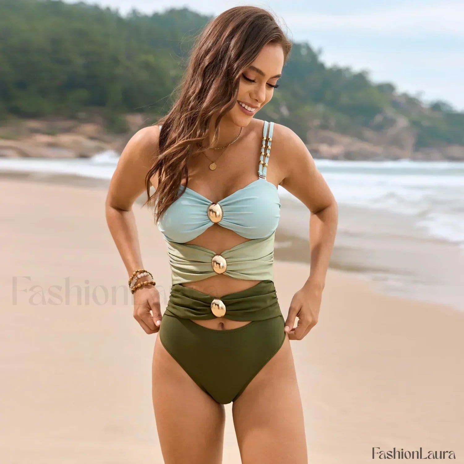 Color Splicing Bikini Style One Piece Blue / S