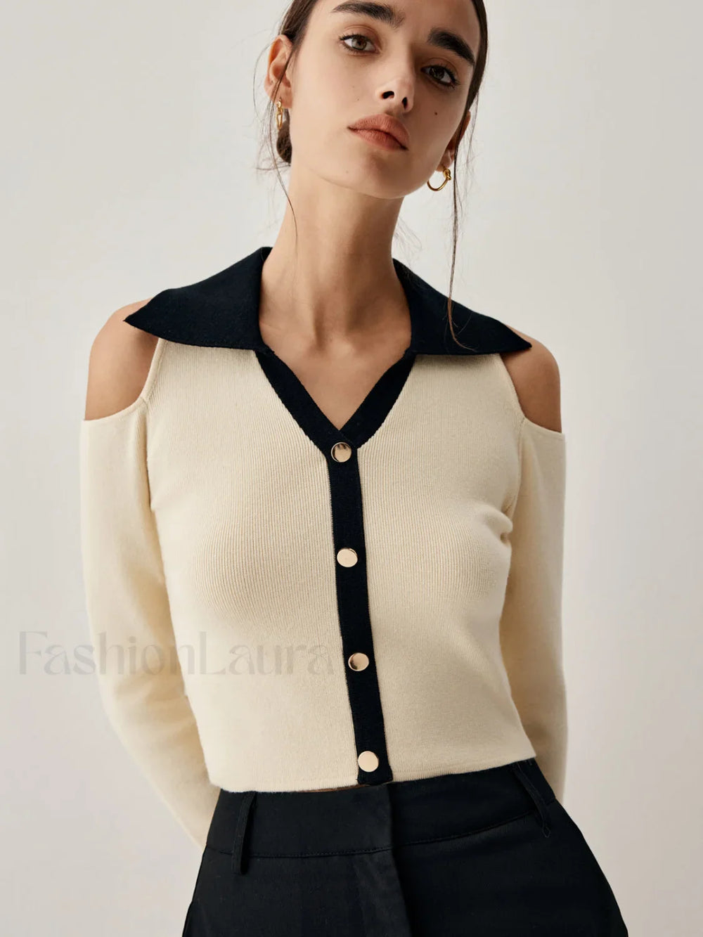 Colorblock Open Collar Cutout Modern Crop Long Sleeve Top Sweaters L