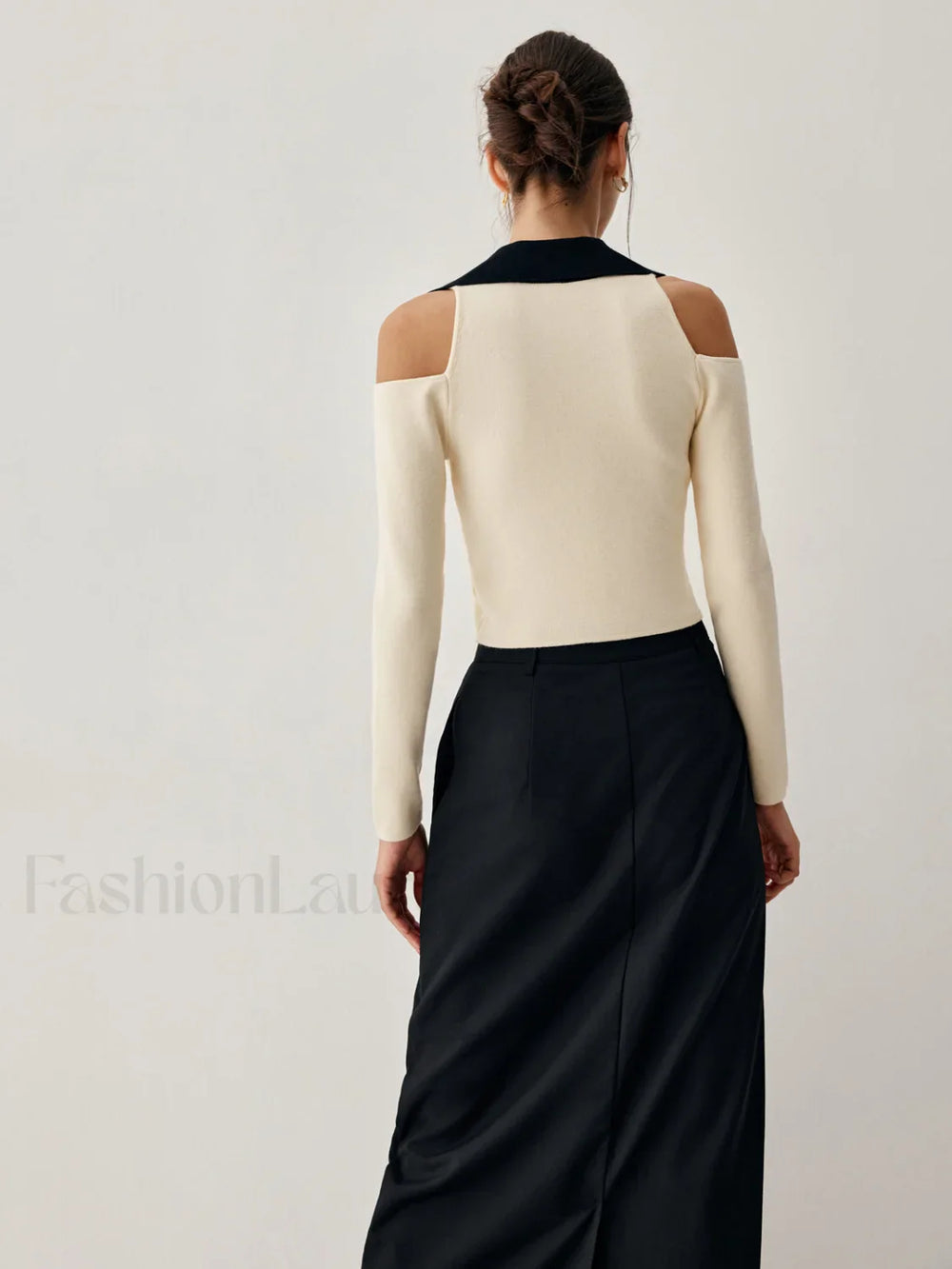 Colorblock Open Collar Cutout Modern Crop Long Sleeve Top Sweaters L