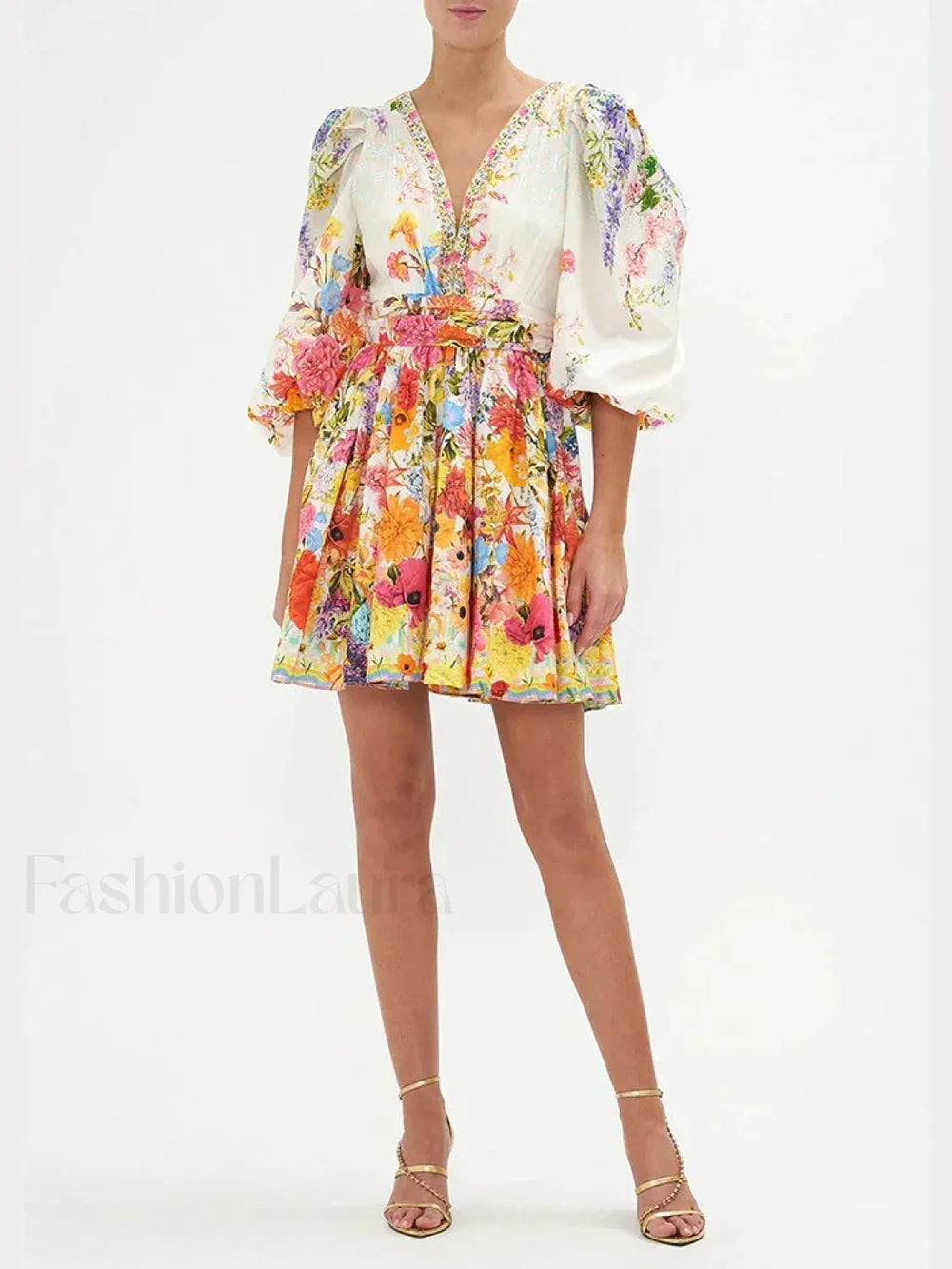 Colorblock Puff Sleeve Floral Dress PRINT / S