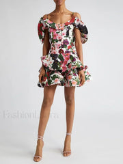 Colorblock Short Sleeve Floral Dress