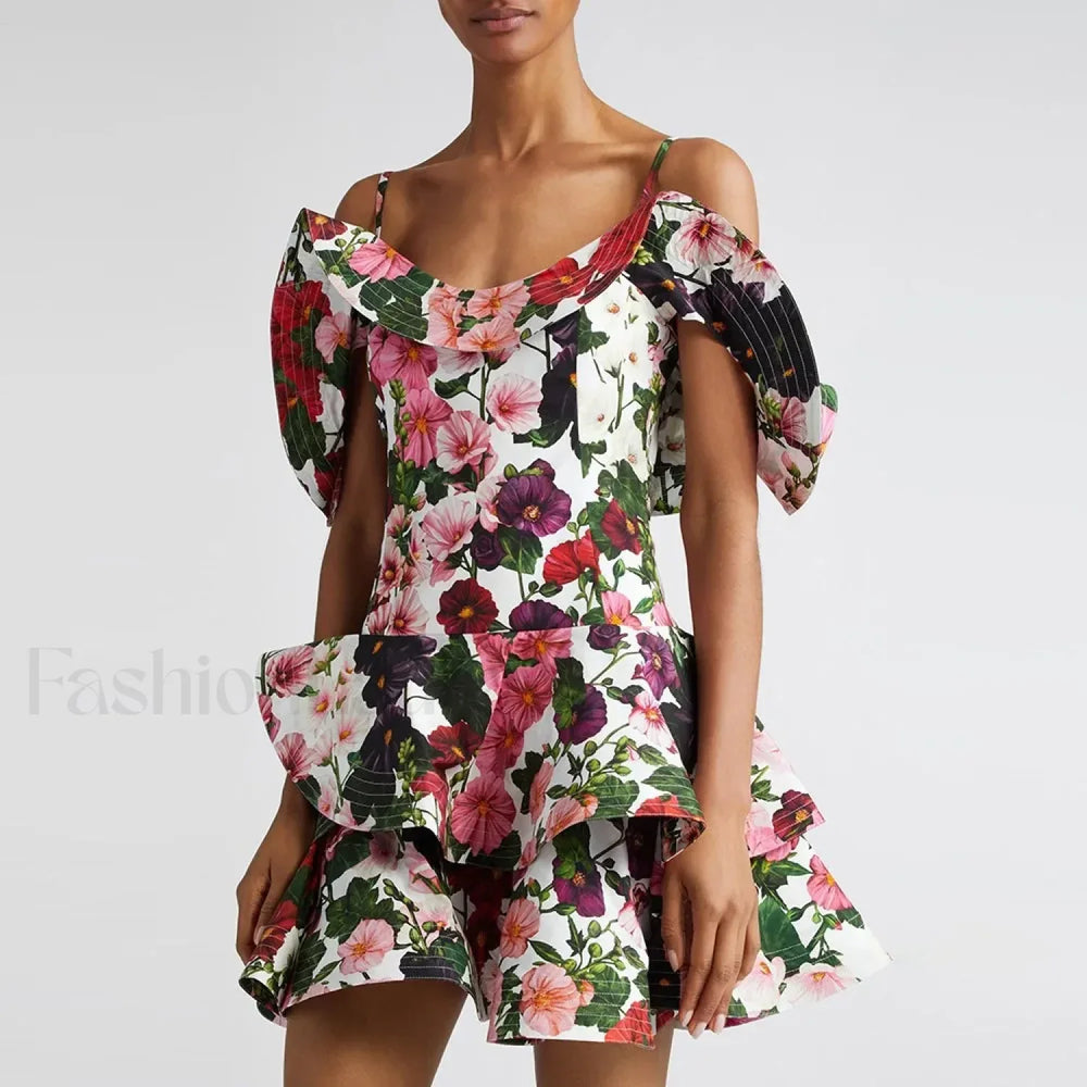 Colorblock Short Sleeve Floral Dress WHITE / S