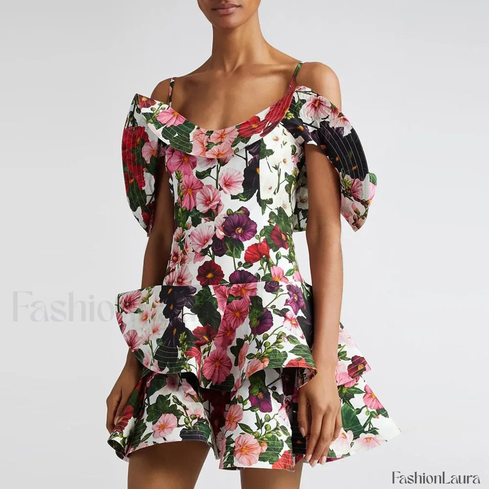 Colorblock Short Sleeve Floral Dress WHITE / S
