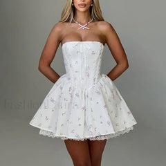 Colorblock Strapless A Line Floral Dress WHITE / S