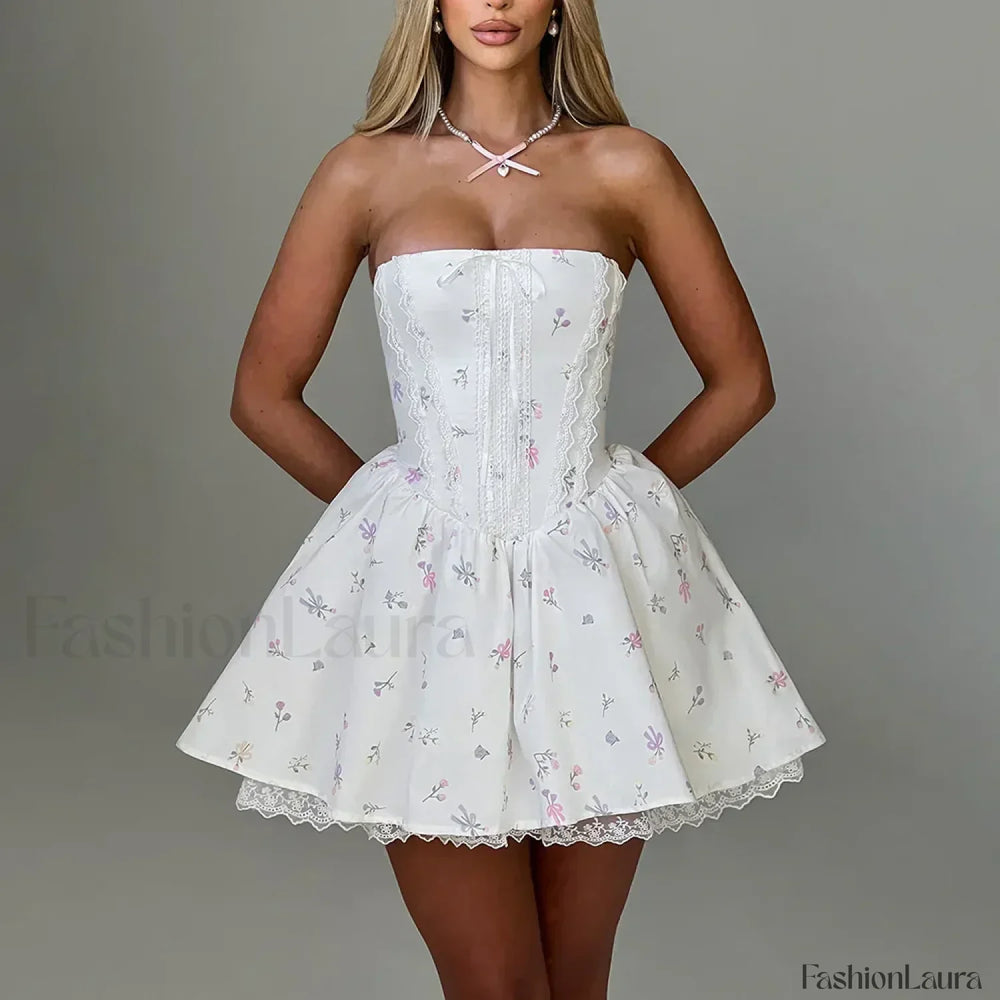 Colorblock Strapless A Line Floral Dress WHITE / S