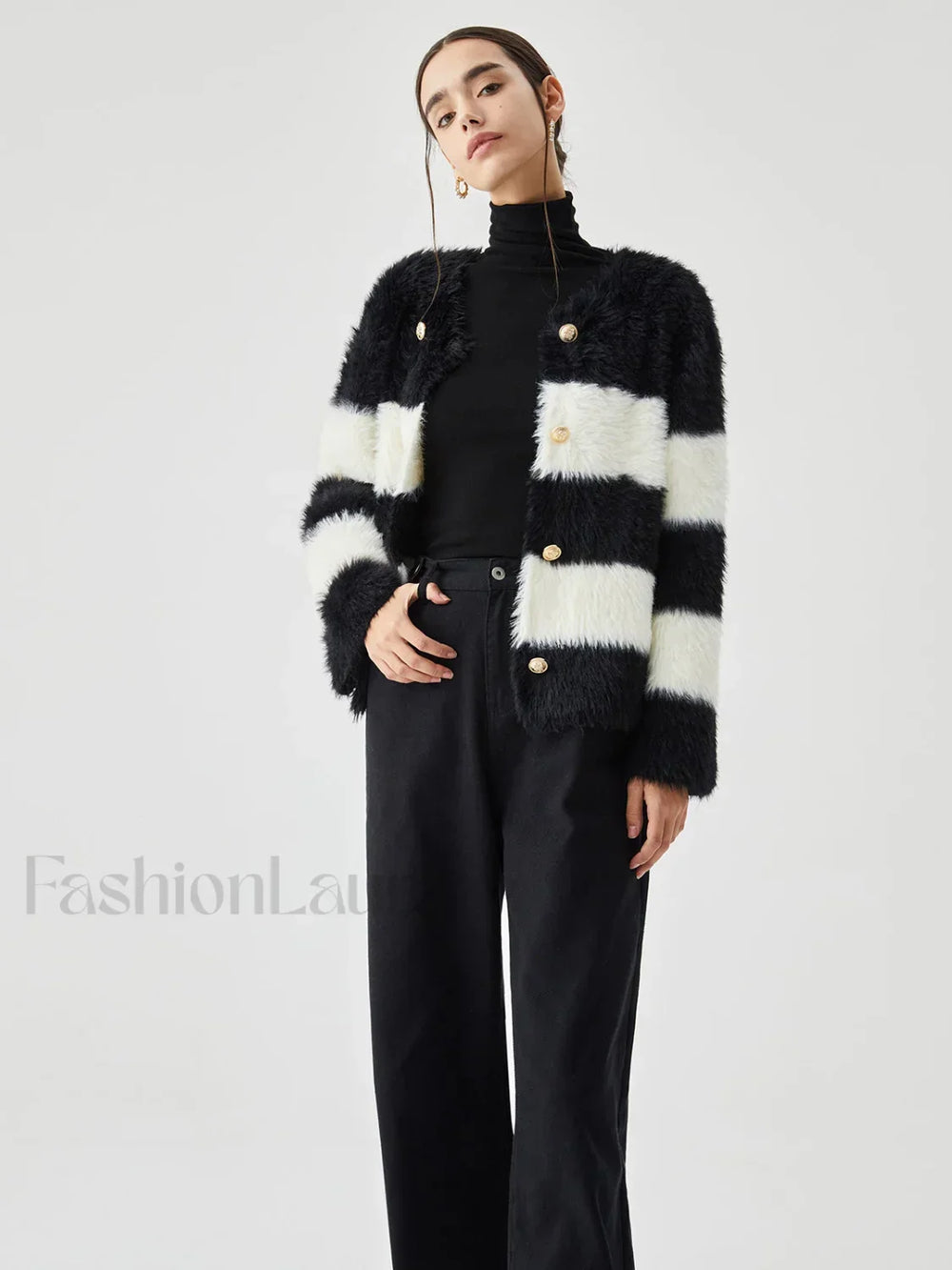 Colorblock Striped Graceful Fuzzy Button Cardigan Sweaters L