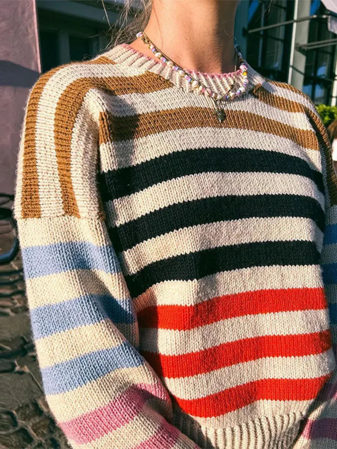 Colorful Striped Round Neck Knitted Pullover Loose Vintage Long Sleeve Sweater COLORFUL / S Sweaters L
