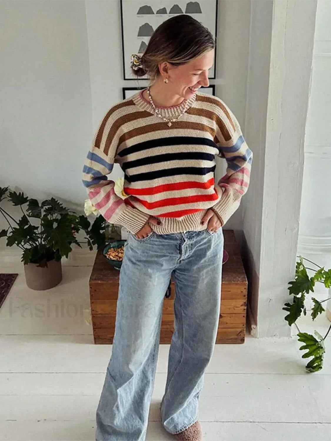 Colorful Striped Round Neck Knitted Pullover Loose Vintage Long Sleeve Sweater Sweaters L