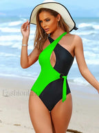 Contrast Color Hollow Out One Piece Green / S