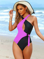 Contrast Color Hollow Out One Piece Lavender / S