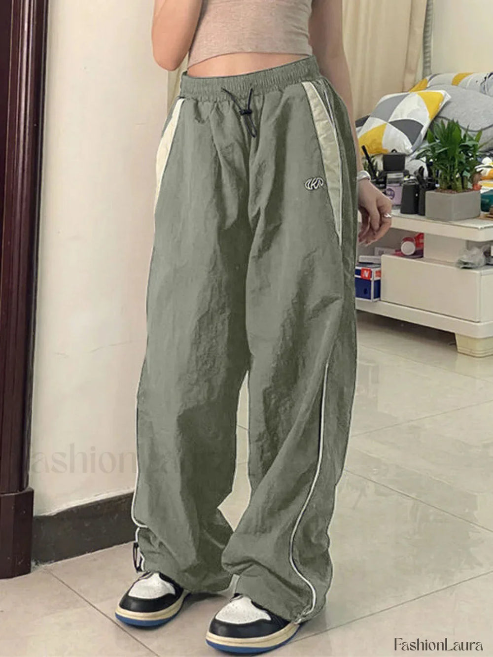 Contrast Piping Black Baggy Sweatpants Biscay Green / M Wide Leg Pants