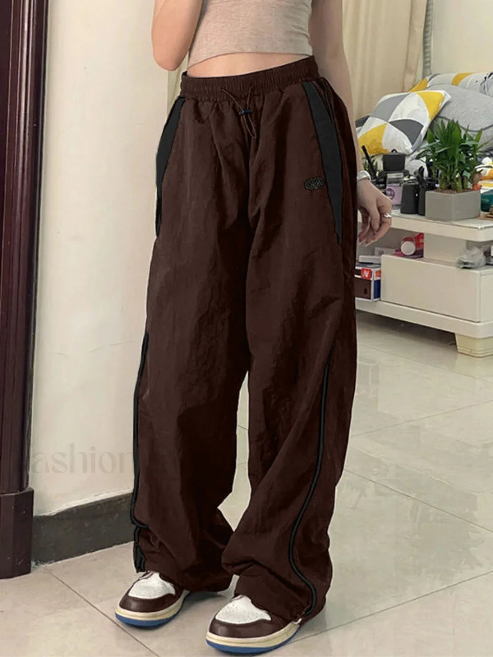 Contrast Piping Black Baggy Sweatpants Brown / M Wide Leg Pants