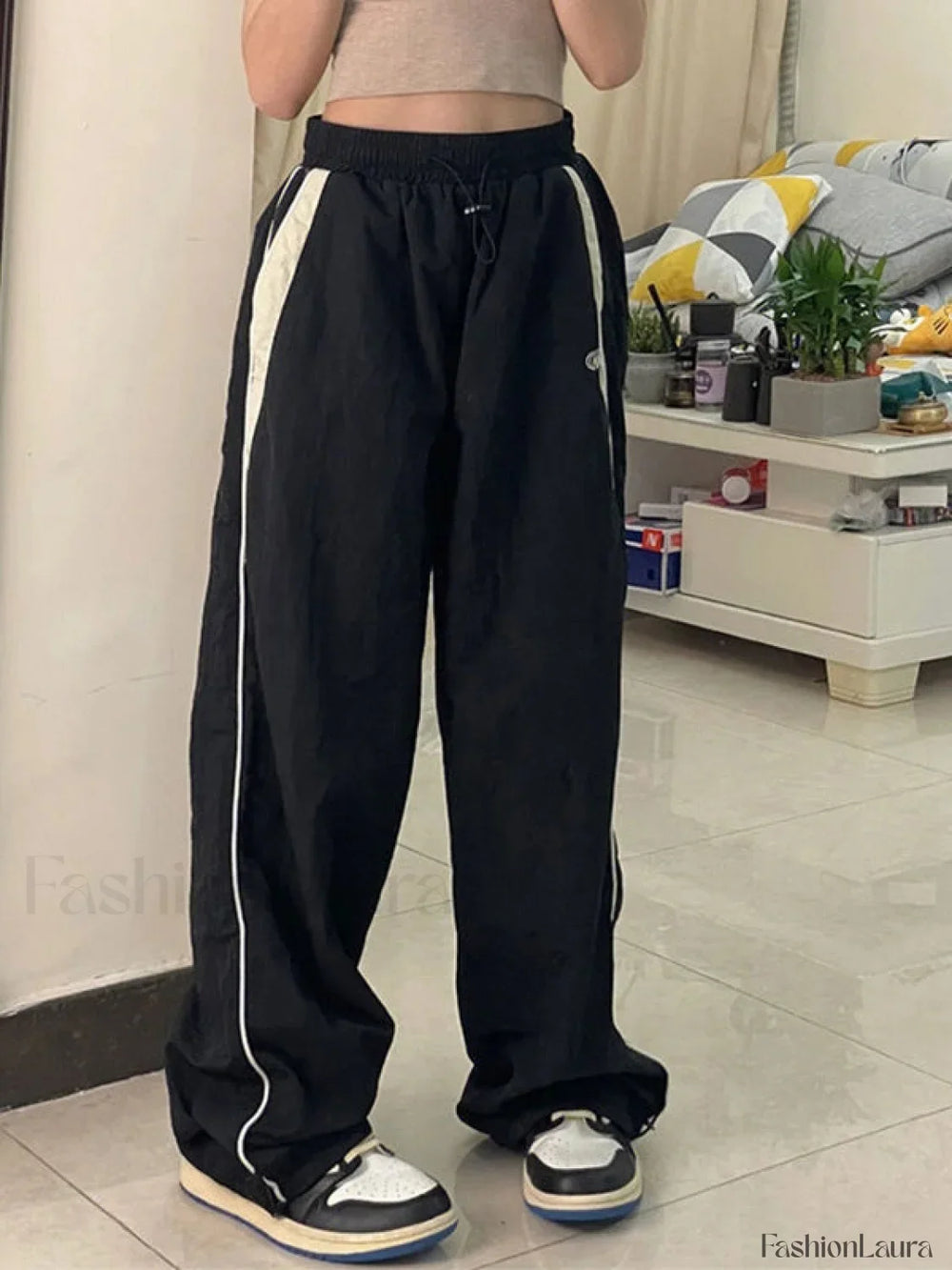 Contrast Piping Black Baggy Sweatpants Wide Leg Pants