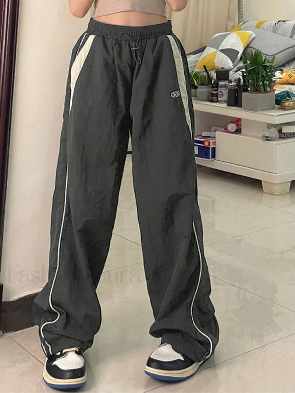 Contrast Piping Black Baggy Sweatpants Wide Leg Pants