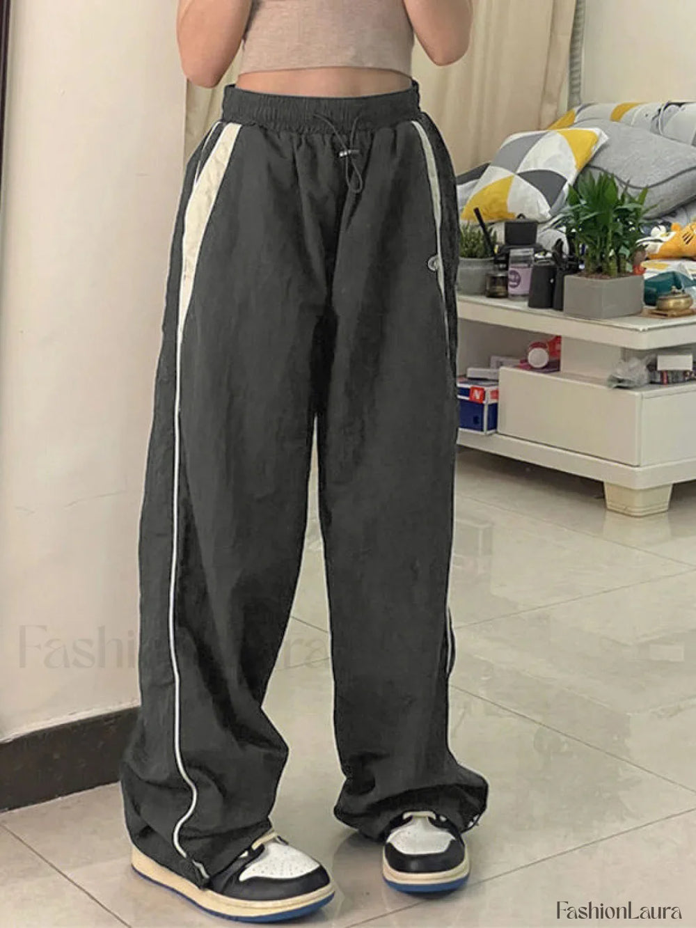 Contrast Piping Black Baggy Sweatpants Wide Leg Pants