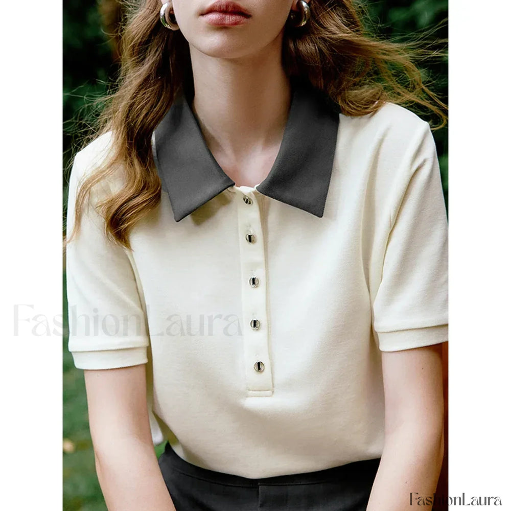 Contrast Polo Collar Pearl Pullover T Shirt