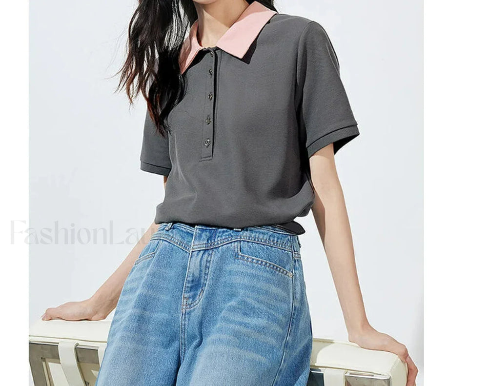 Contrast Polo Collar Pearl Pullover T Shirt Dark Gray / S