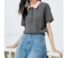 Contrast Polo Collar Pearl Pullover T Shirt Dark Gray / S