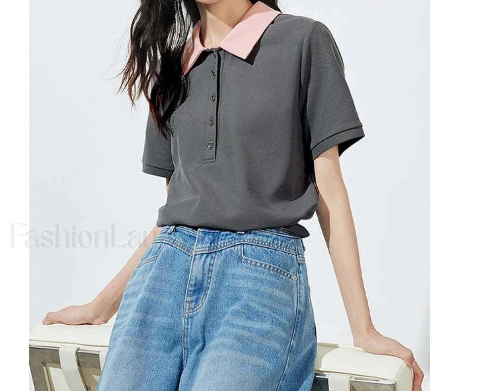 Contrast Polo Collar Pearl Pullover T Shirt Dark Gray / S