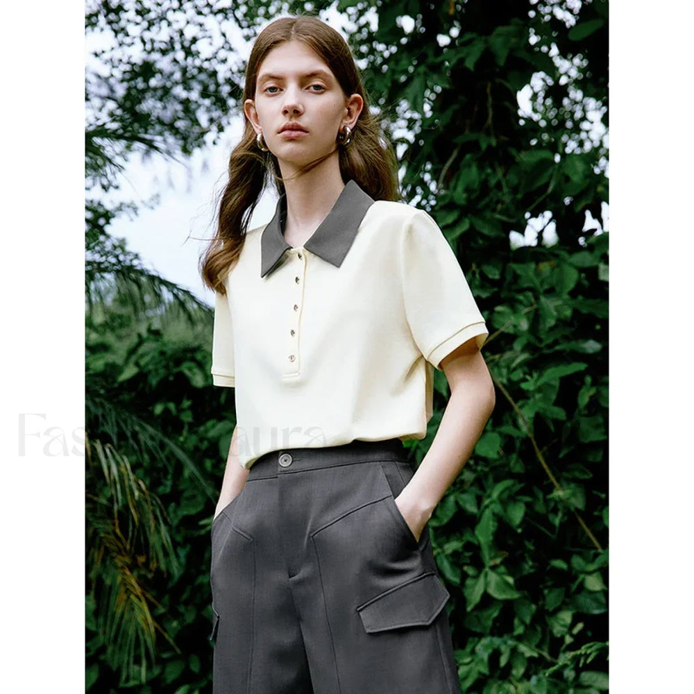 Contrast Polo Collar Pearl Pullover T Shirt Light Yellow / S