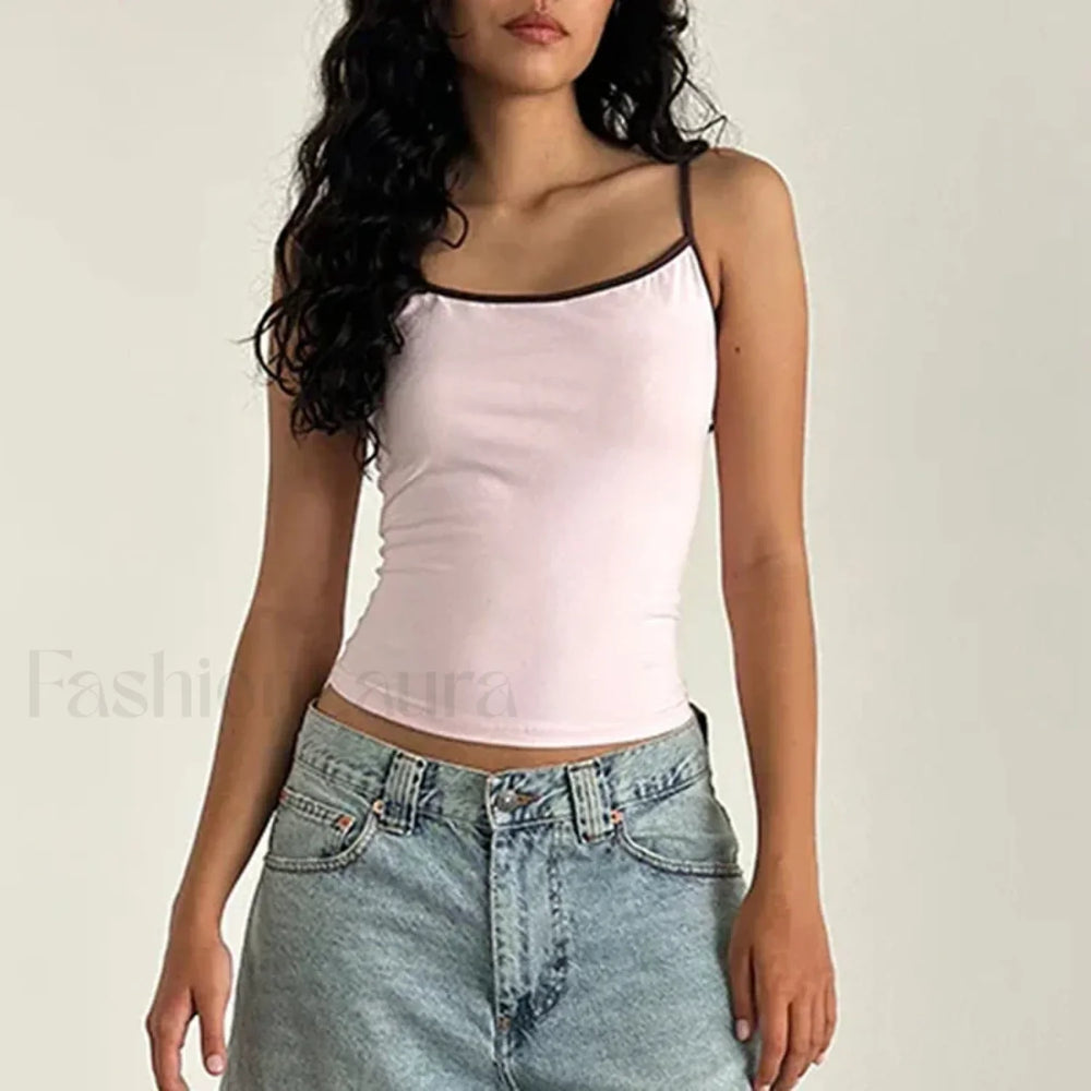 Contrast Spaghetti Strap Crop Top Pink / S