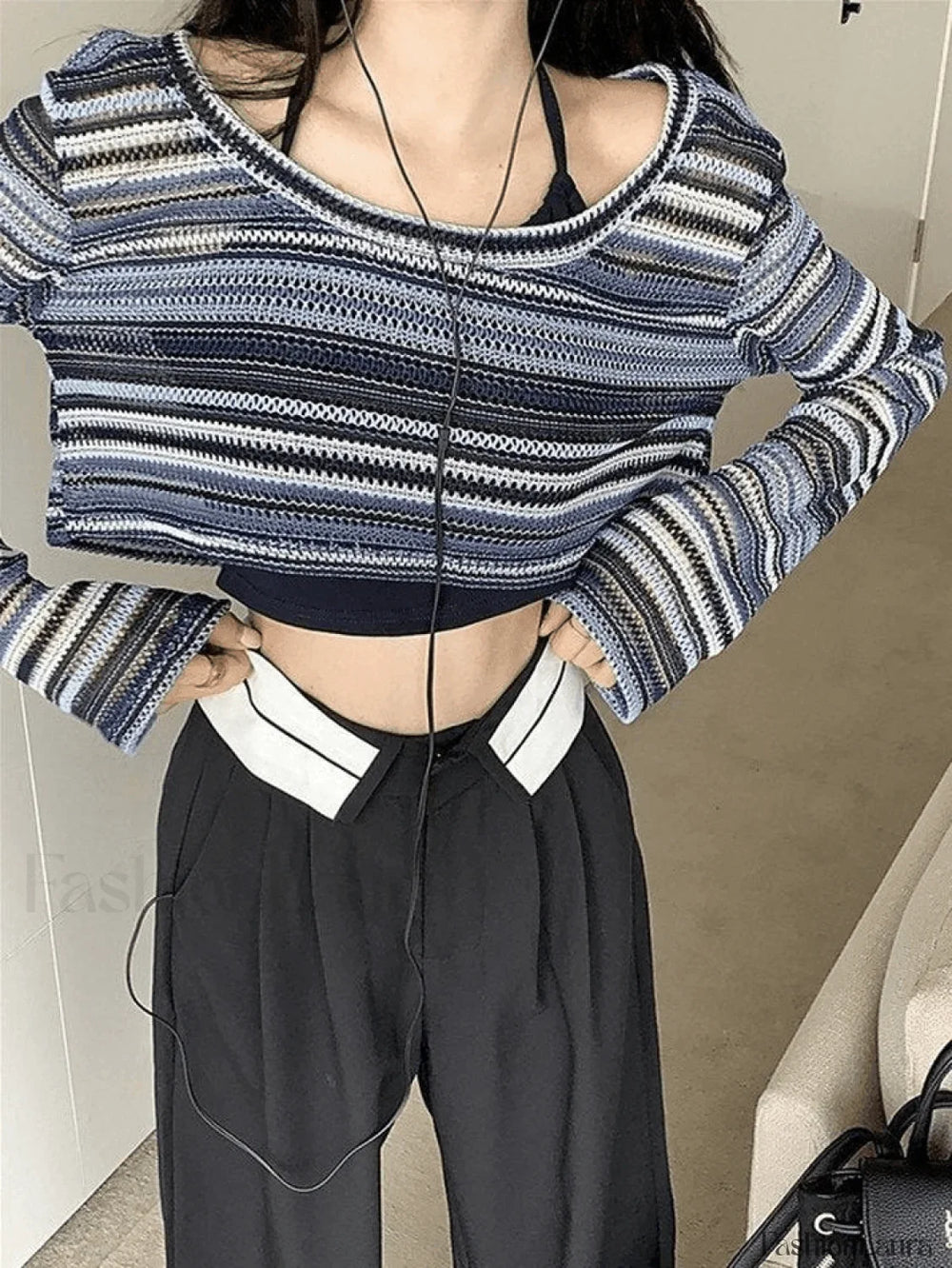 Contrast Striped Crochet Knit Crop Top Blue / ONE SIZE Sweaters