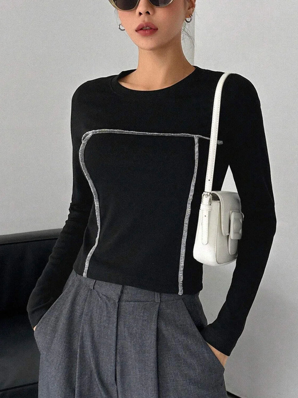 Contrast Trim Crew Trendy Neck Long Sleeve Shirt Black / S T Shirts
