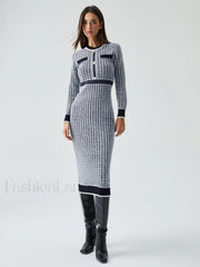 Contrast Trim Herringbone Trendy Bodycon Sweater Midi Dress Sweaters L