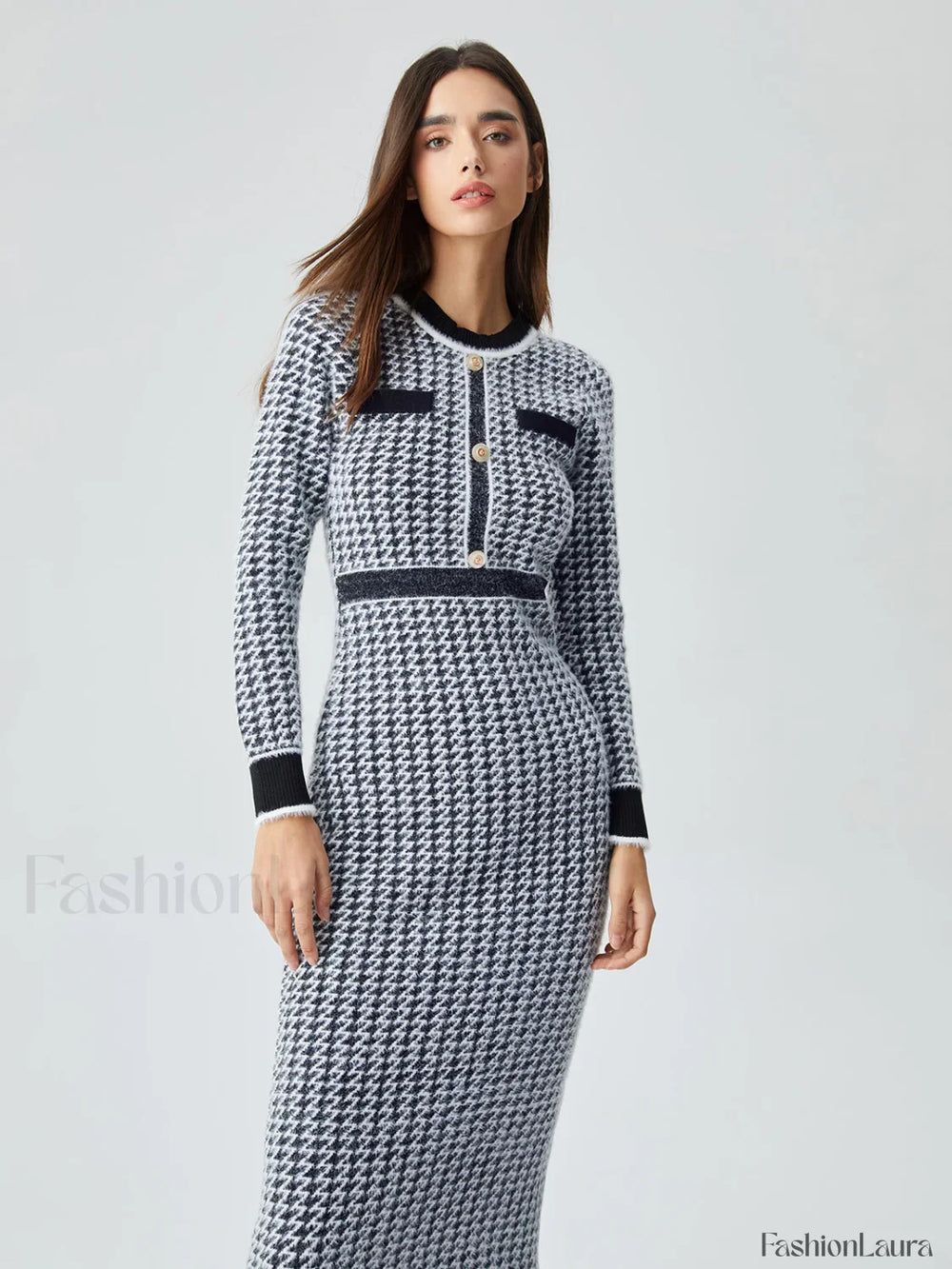 Contrast Trim Herringbone Trendy Bodycon Sweater Midi Dress Sweaters L