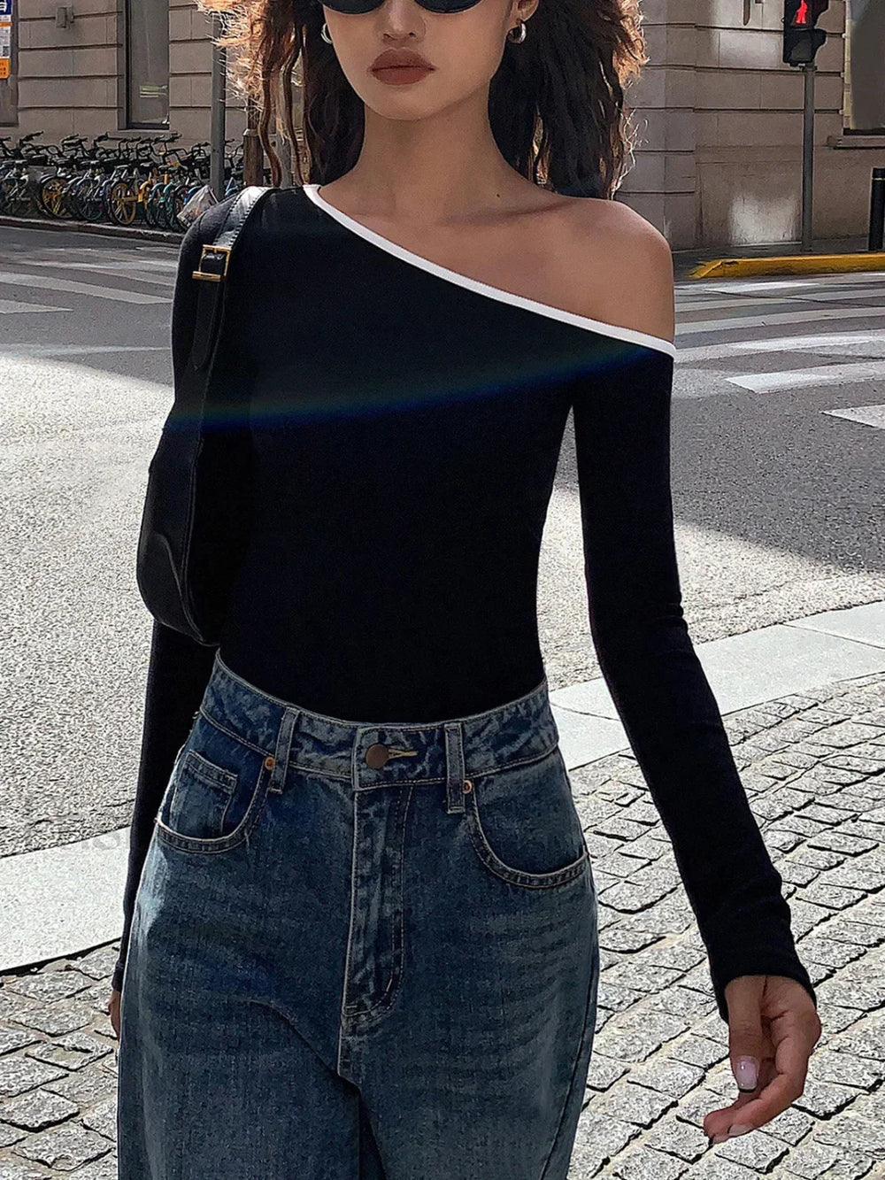 Contrast Trim Off Trendy Shoulder Long Sleeve Shirt T Shirts