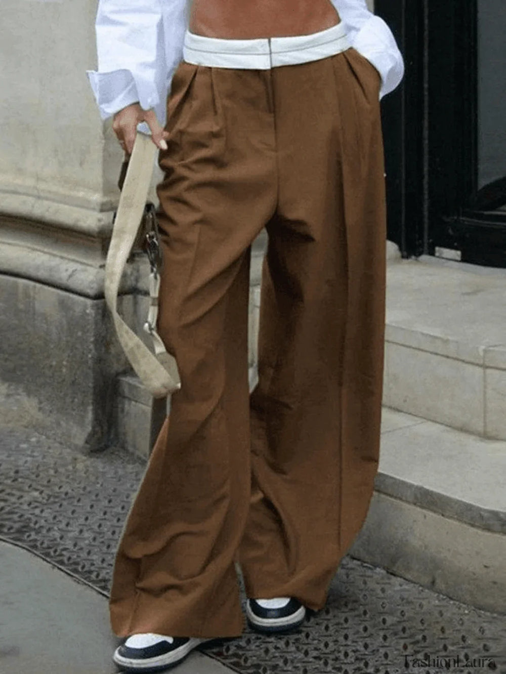 Contrast Waist Vintage Tailored Pants Brown / S Pants