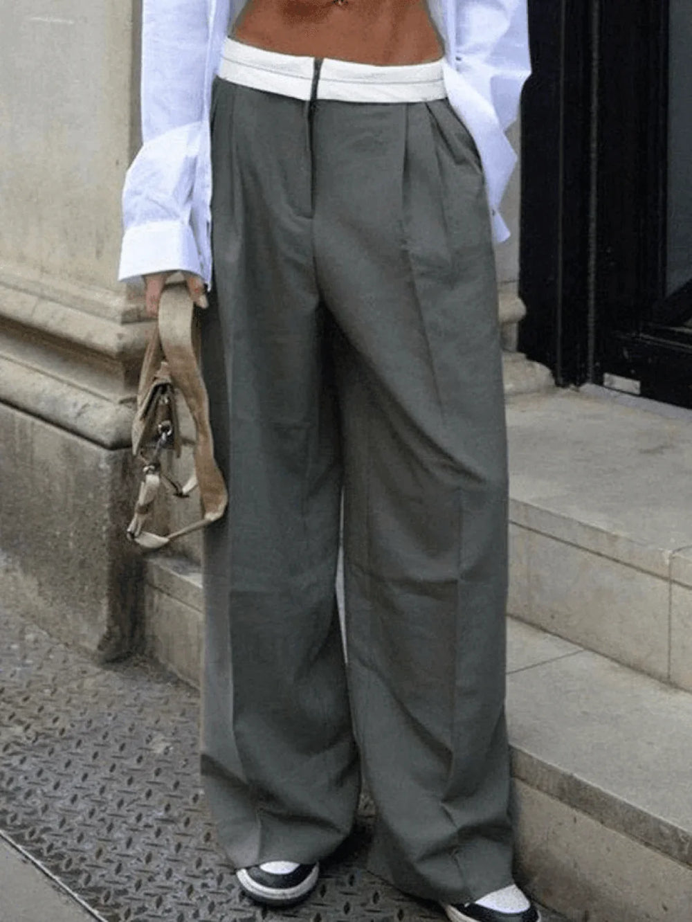 Contrast Waist Vintage Tailored Pants Gray / S Pants